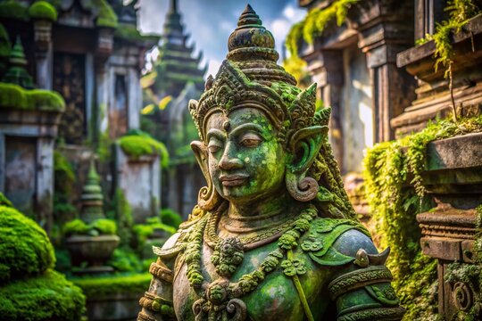 Ancient Guardian: A weathered stone sculpture of a deity, adorned with intricate details and covered in verdant moss, stands sentinel amidst the ruins of an ancient temple.