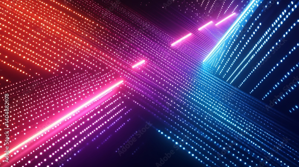 Poster glowing dots with colorful neon lines on dark backdrop for futuristic designs