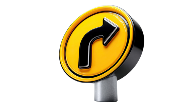 Road Sign: A close-up shot of a striking road sign with a yellow background and a bold black arrow, signaling an upcoming right turn. The sign is viewed at an angle.