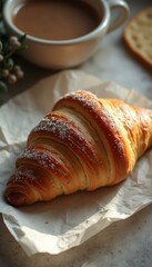 Golden croissant on parchment paper with a cup of coffee, side bread and floral decoration.