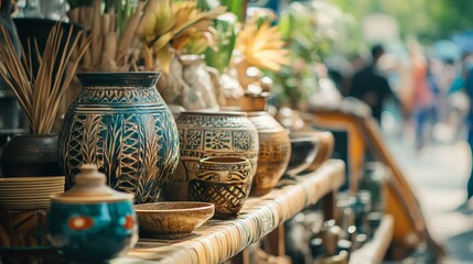 Traditional pottery displayed in outdoor market