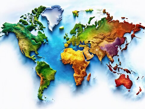 Global Tapestry: A vibrant map of the world explodes with a symphony of colors, each hue representing a unique region, inviting exploration and igniting a sense of wonder. 