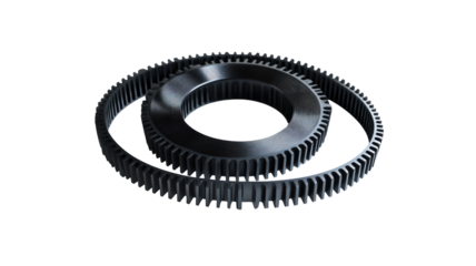 Close-up view of two interlocking black gears on a white background, showcasing their intricate teeth and design