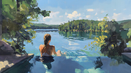 woman sitting on the edge of a lake