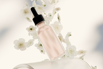 Rose flower petals, and with an aromatherapy essential oil glass bottle 