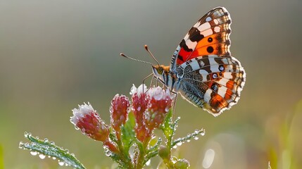 A butterfly landing on a blooming flower in a dewy meadow representing renewal
