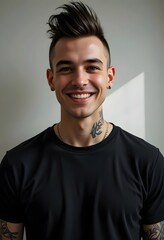 Fototapeta premium handsome caucasian happy white model young male, fashionable wearing a blank black t-shirt. casual, casual wear, portrait, confident, attractive, modern, cool, urban, street style, clean look, minimal
