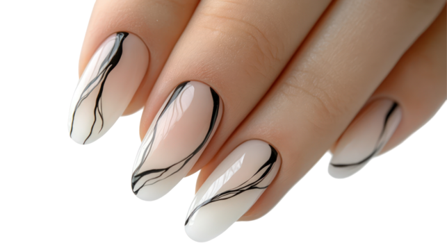 Elegant close-up of a manicured hand showcasing artistic nail design with black swirls on a soft beige background