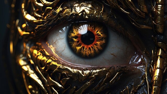 "Close-Up of the Eye in Edgar Allan Poe's 'The Tell-Tale Heart': A Haunting Shot with Stark Shadows and Dramatic Lighting"