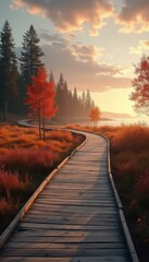 Fototapeta premium Serene Autumnal Path: A Wooden Boardwalk Through Vibrant Marshland at Sunset