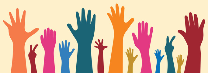 Raised hands. People raising hand at the concert. Colorful Silhouettes of hands making gestures on concert crowd. Teamwork, collaboration, voting, volunteering concert. Vector illustration