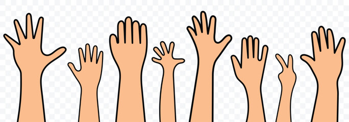 Group raised many human arms and hands. People raise their hands. Hands up vector illustration
