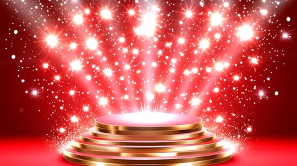 Sparkling golden podium stage illuminated by dazzling light bursts.