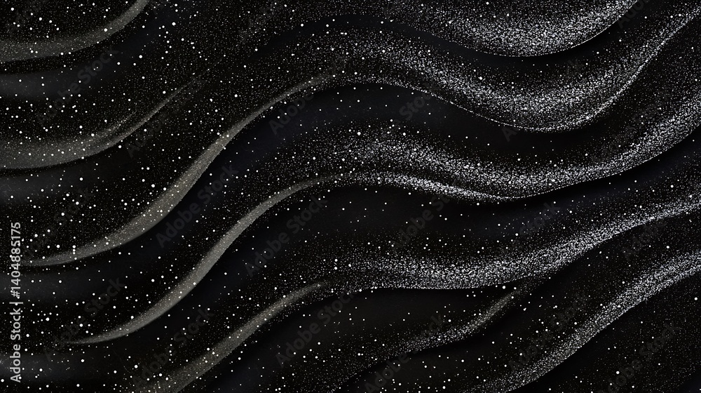 Poster swirling black texture with sparkling white particles and wavy streaks design
