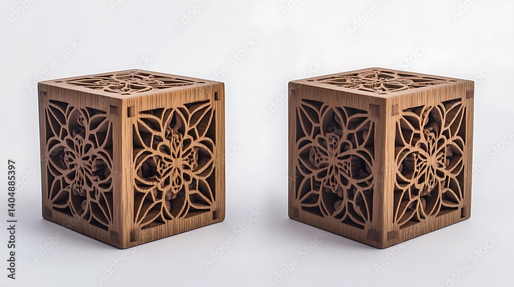 Poster two ornate wooden carved cube objects with intricate floral pattern on white background