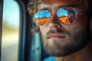Close-up of a young male truck driverâs face, wearing sunglasses, with the trucks side mirror reflecting the highway behind