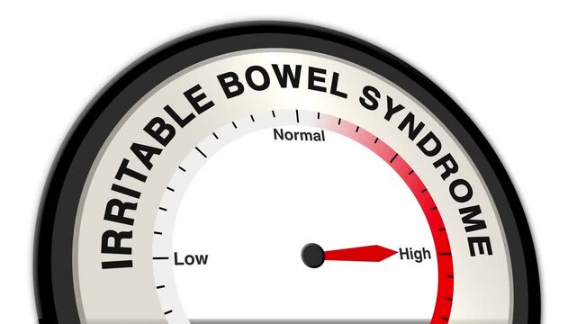 Irritable Bowel Syndrome (IBS) text or word shown with a barometer or tachometer-style gauge, representing varying levels of severity in digestive discomfort, affecting bowel function