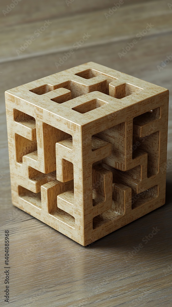 Poster wooden maze cube puzzle game with interconnected pathways on neutral wood surface