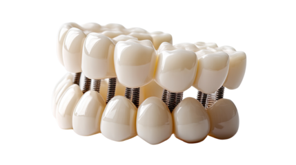 Dental Prosthetic Display: A close-up, studio-style shot of a complete set of dental prosthetics. These flawless replacements gleam with meticulous craftsmanship.