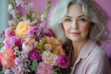 Naklejka premium Happy senior woman in pastel attire, holding a large bouquet of flowers, slightly angled side view against a pastel purple background