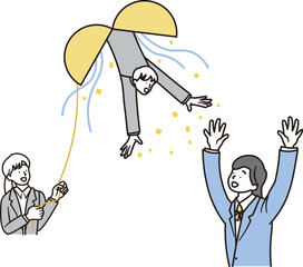 くす玉と合格して喜ぶ女子高校生と女性と男性の先生のシンプルなイラスト素材