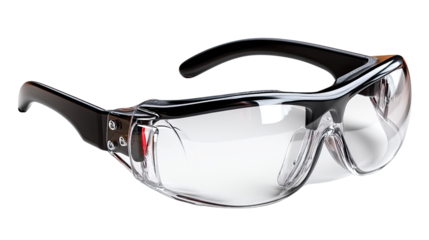 Safety Glasses: Clear lens safety glasses with a black frame, providing protection and style.