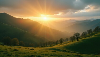 Scenic mountain landscape bathed in the golden light of the rising sun, with rolling green hills and distant mountain ranges