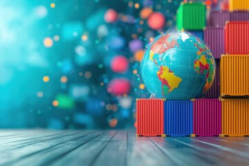 Colorful shipping containers and a globe set against a vibrant, blurred background, symbolizing global trade.