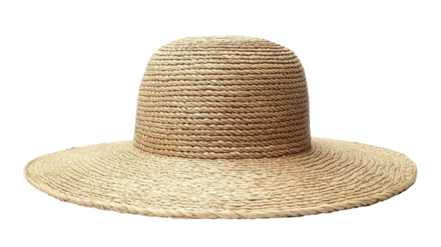 Wide-brimmed straw hat resting on a flat surface, showcasing its natural texture and design, ideal for summer fashion