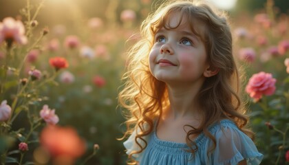 Fototapeta premium Enchanting young girl with radiant golden curls gazes upward amidst a dreamy field of vibrant roses, bathed in gentle sunlight