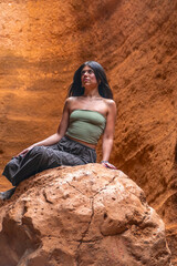 Tourist exploring the majestic barranco de las vacas in gran canaria © unai