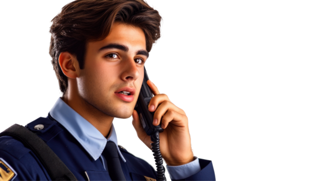 Young police officer communicating on the phone, showcasing a focused expression, with a blurred urban background - Powered by Adobe