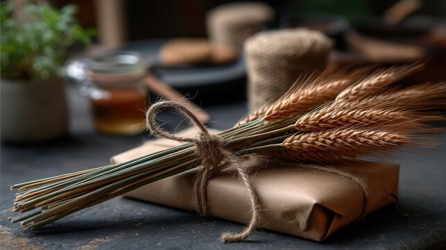 Rustic wheat stalks tied with twine on wrapped package in cozy kitchen