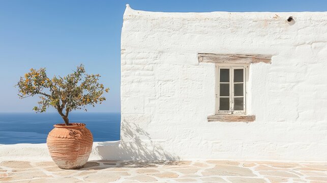 A white building with a window and a terracotta pot with a small tree.