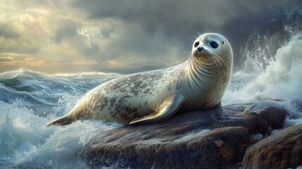 Seal basking on rocky shore with crashing waves and moody skies