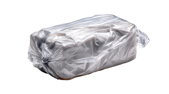 Sealed Brick of Clay: A rectangular brick of modeling clay is sealed tightly within a transparent plastic bag, ready for use in various art and craft projects.