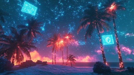 Cyberpunk paradise, Tropical beach meets digital world with palm trees