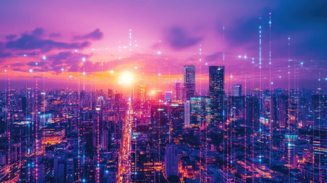 Futuristic cityscape with glowing data streams against a vibrant skyline