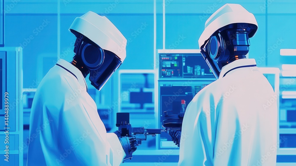 Poster two humanoid robots in lab coats working on advanced technology in a futuristic laboratory setting