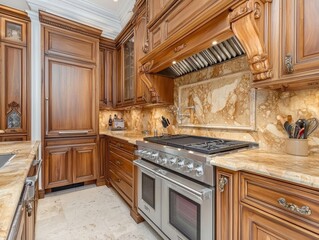A luxurious kitchen featuring custom wood cabinetry, elegant marble countertops and backsplash, and professional-grade stainless steel appliances.