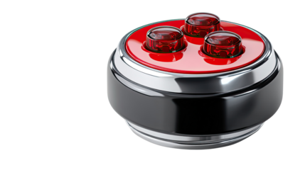 Automotive Control Knob: Close-up shot of a stylish automotive control knob, boasting a sleek black and silver design, complemented by a vibrant red center and three illuminated lights