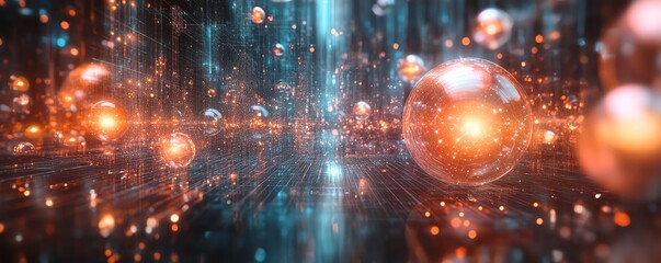 Fototapeta premium Explore the mesmerizing realm of quantum particles interacting within a transparent multiverse grid, showcasing nature's hidden dimensions.
