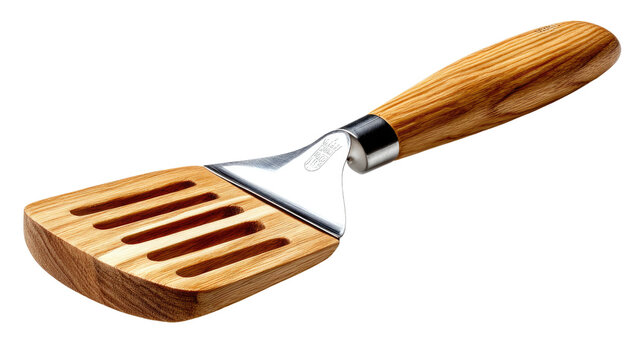 Culinary Companion: A close-up shot of a spatula, showcasing its stainless steel blade and a wooden handle, presenting itself as a versatile cooking utensil.