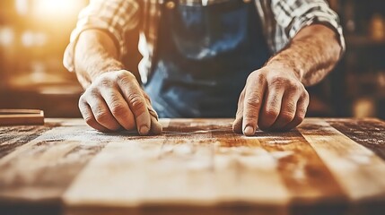 Skilled carpenter meticulously smoothing a wooden surface.