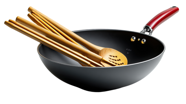 Wok and Culinary Essentials: A striking studio shot showcases a sleek, black wok, nested alongside a collection of bamboo culinary tools, symbolizing the heart of culinary craft.