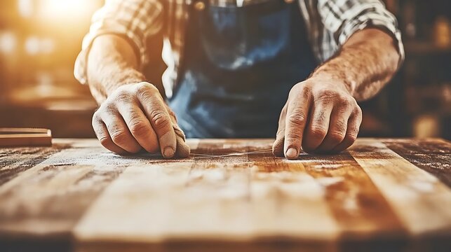 Skilled carpenter meticulously smoothing a wooden surface.