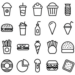 This vector icon set features black line illustrations of fast food, food and drink, including a coffee cup, beer bottle, wine glass, tea, water, cake, cocktail, and cream, perfect for restaurant desi