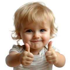 A cute toddler giving a thumbs up sign isolated on transparent background.