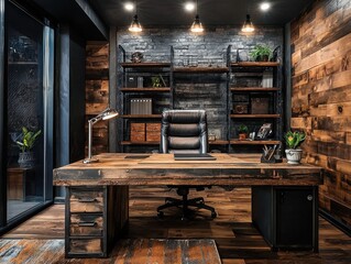 Modern home office featuring a large wooden desk, black leather chair, brick wall and matching wooden shelves for an industrial-chic look.