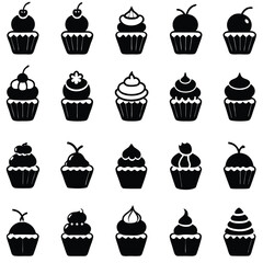 Set of cupcakes and cakes vector illustration with chocolate, cream, cherry, and strawberry, perfect for birthday parties and dessert decorations